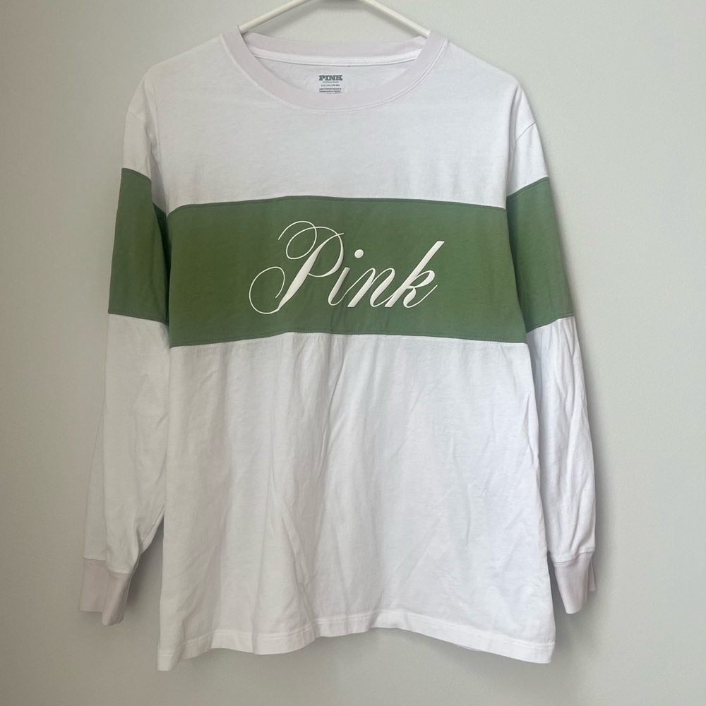 Victoria Secret Pink Oversized Wild Grass Green Long Sleeve Campus T-shirt Sz S